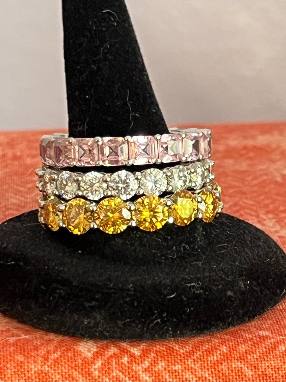 Sterling Silver Pink Square-Cut Moisssanite Eternity Ring Sz 9 Pink Only.